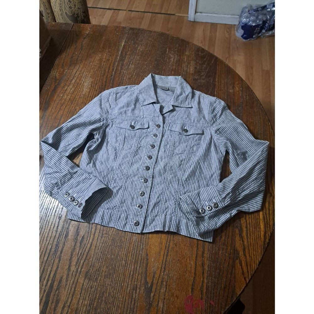 Sz 4 XS Chicos 0 Railroad Stripe Black White Long Sleeve Button Shirt Blouse Top